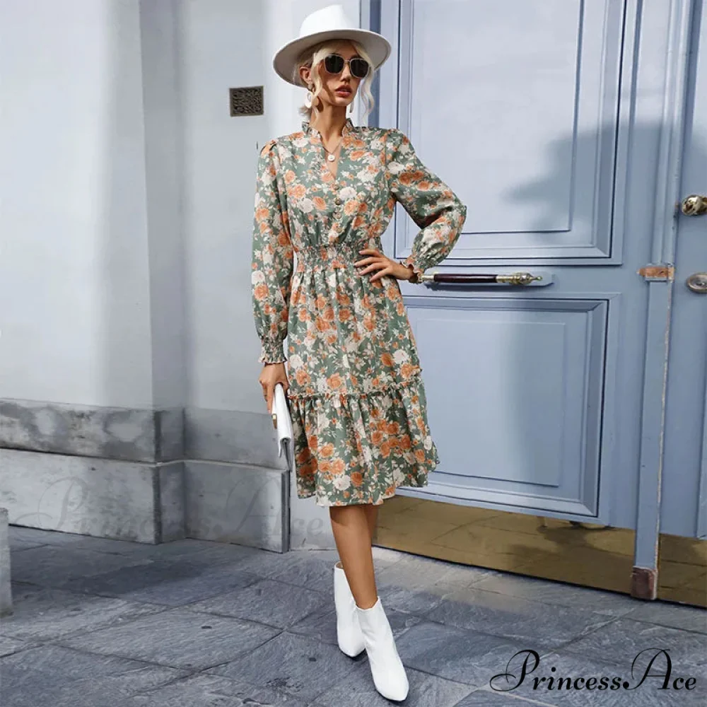 Informal A-line V-neck Floral Dress - Image 7