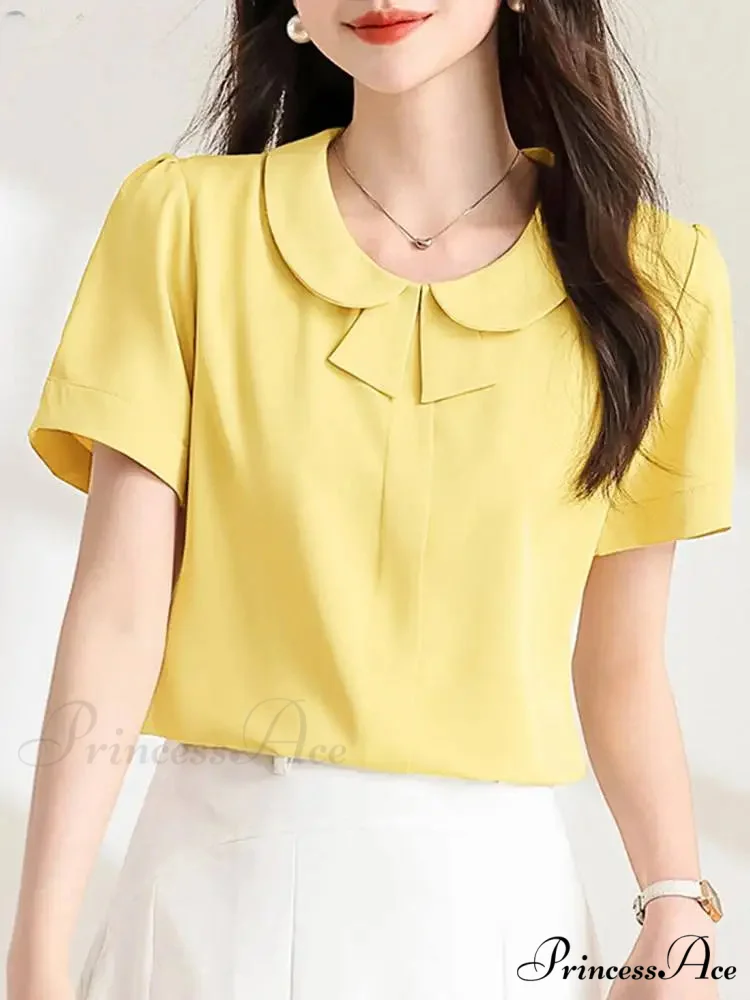 Informal Baggy Collar Monochrome Short Sleeve Blouse - Image 2
