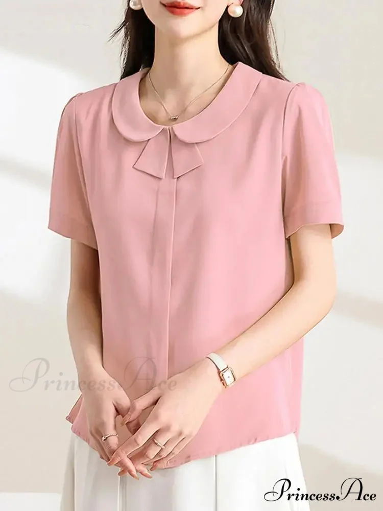 Informal Baggy Collar Monochrome Short Sleeve Blouse - Image 3
