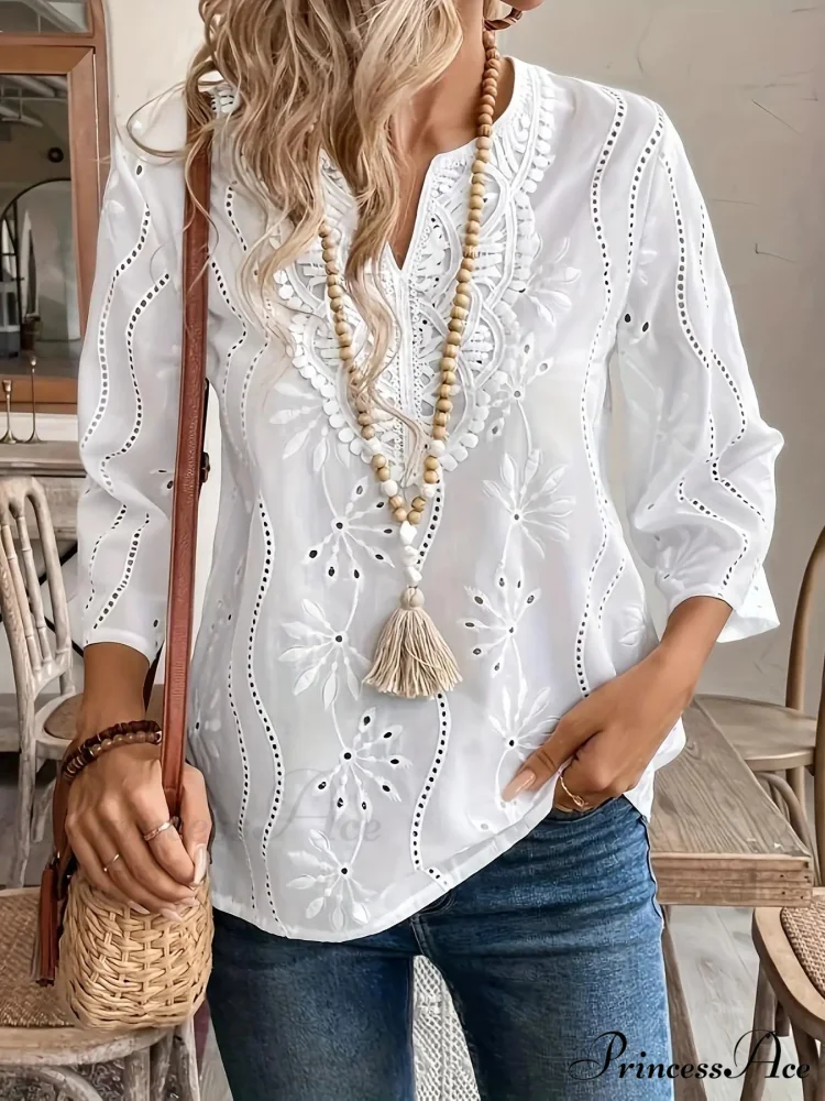 Informal Baggy V-neck Lace Insertion White Blouse - Image 3