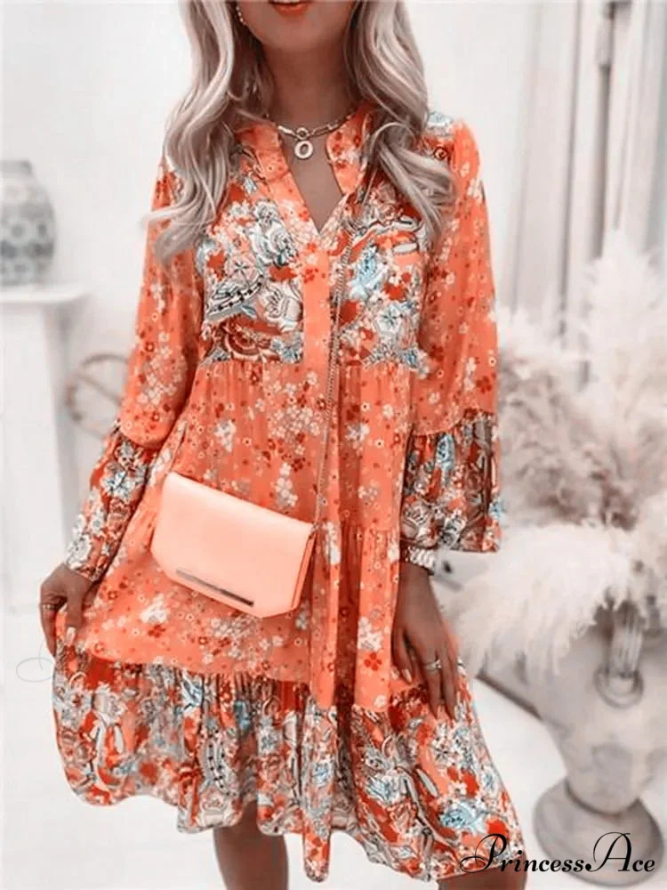 Informal Bohemian Flowered V-neck Frilled A-line Seaside Celebration Flowered Dress - Image 2
