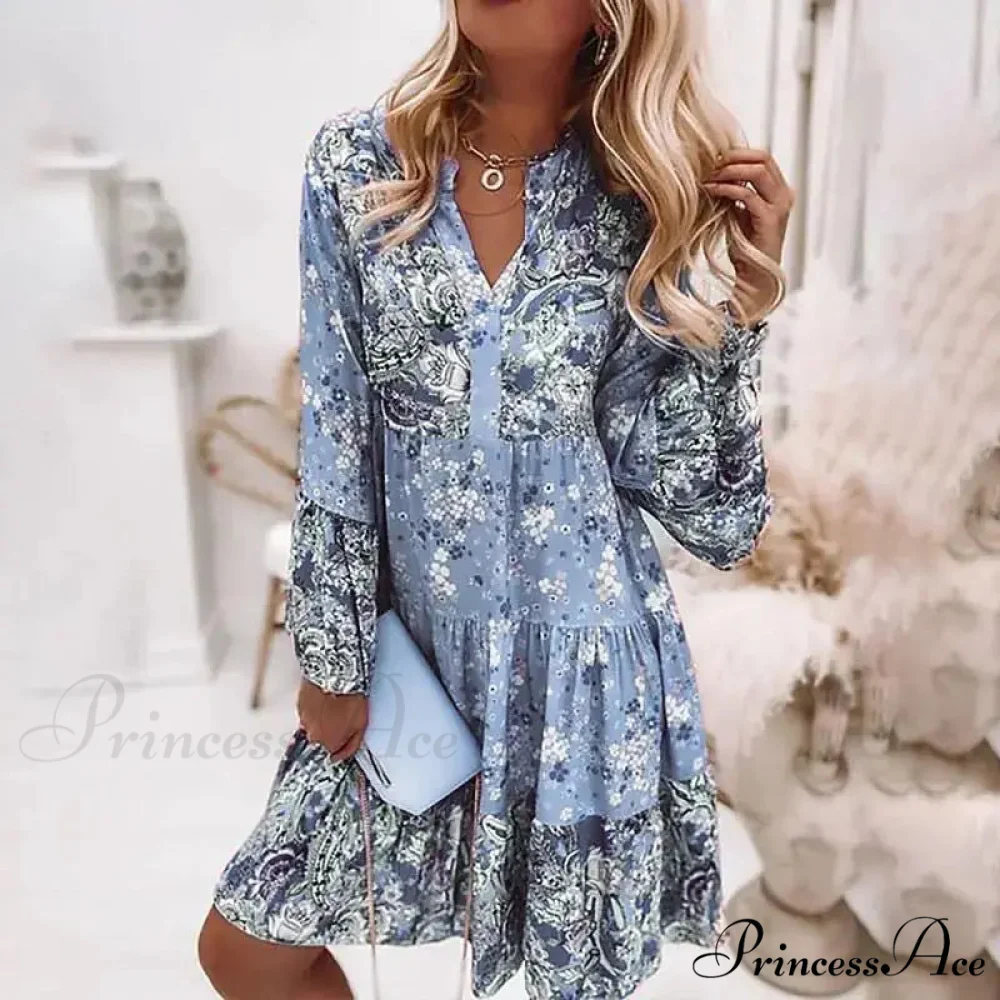 Informal Bohemian Flowered V-neck Frilled A-line Seaside Celebration Flowered Dress - Image 3