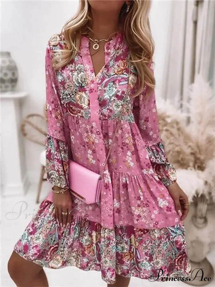 Informal Bohemian Flowered V-neck Frilled A-line Seaside Celebration Flowered Dress - Image 4