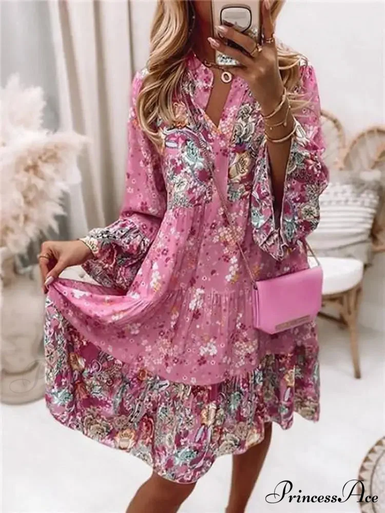 Informal Bohemian Flowered V-neck Frilled A-line Seaside Celebration Flowered Dress - Image 5