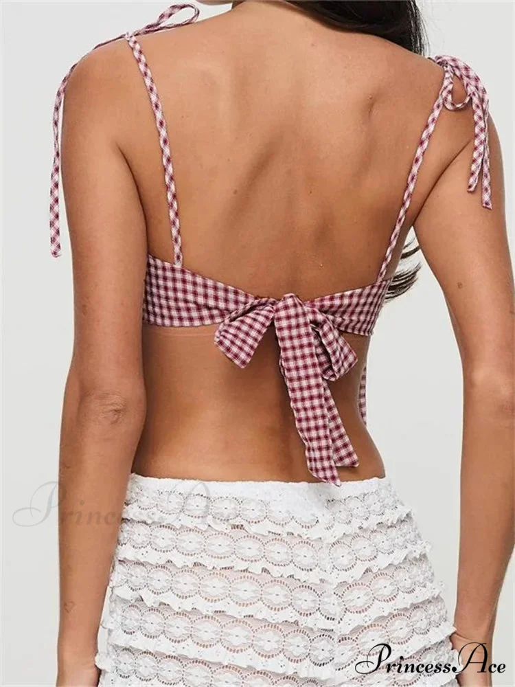 Informal Checkered Lace-up Open-back Strap Tank Crop Top - Image 3
