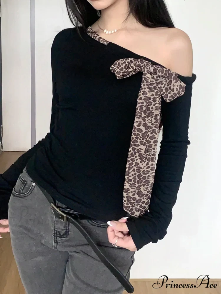 Informal Cheetah Ribbon Trimmed Crew Neck Knit Top - Image 2