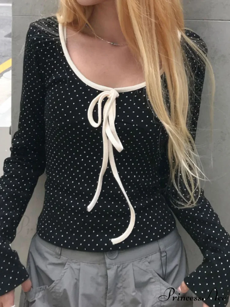 Informal Different Color Dot Printed Slim O-Neck Knit Top - Image 2