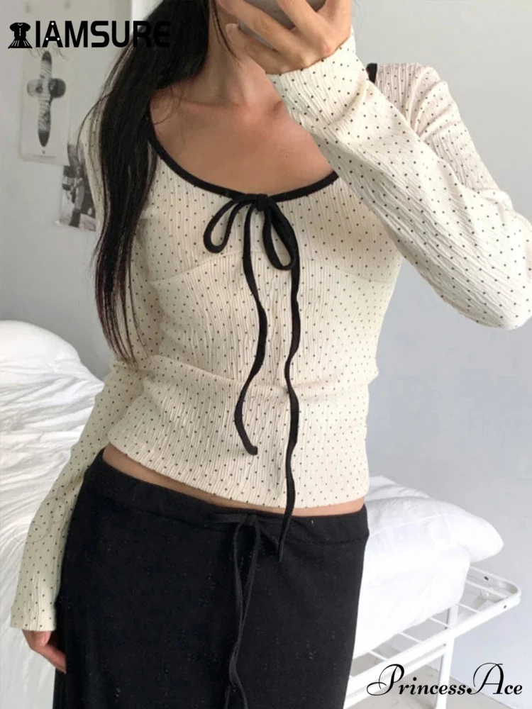 Informal Different Color Dot Printed Slim O-Neck Knit Top - Image 3