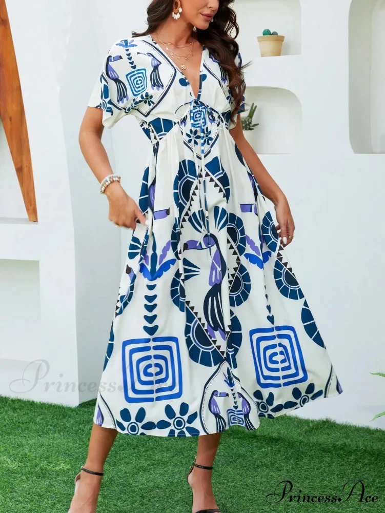 Informal Elevated Waist Plunging-neckline Bohemian Floral Dress - Image 2