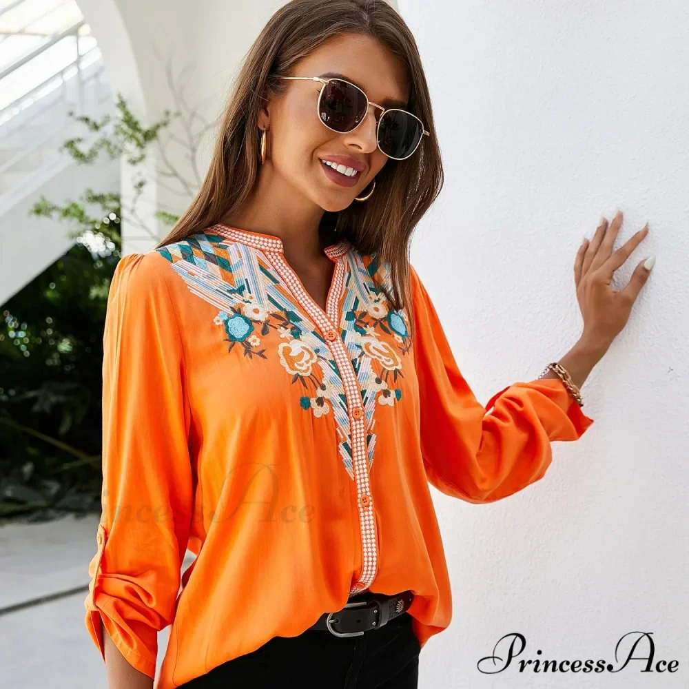 Informal Flower Stitching Large Cotton Long Sleeve Bohemian Top - Image 3
