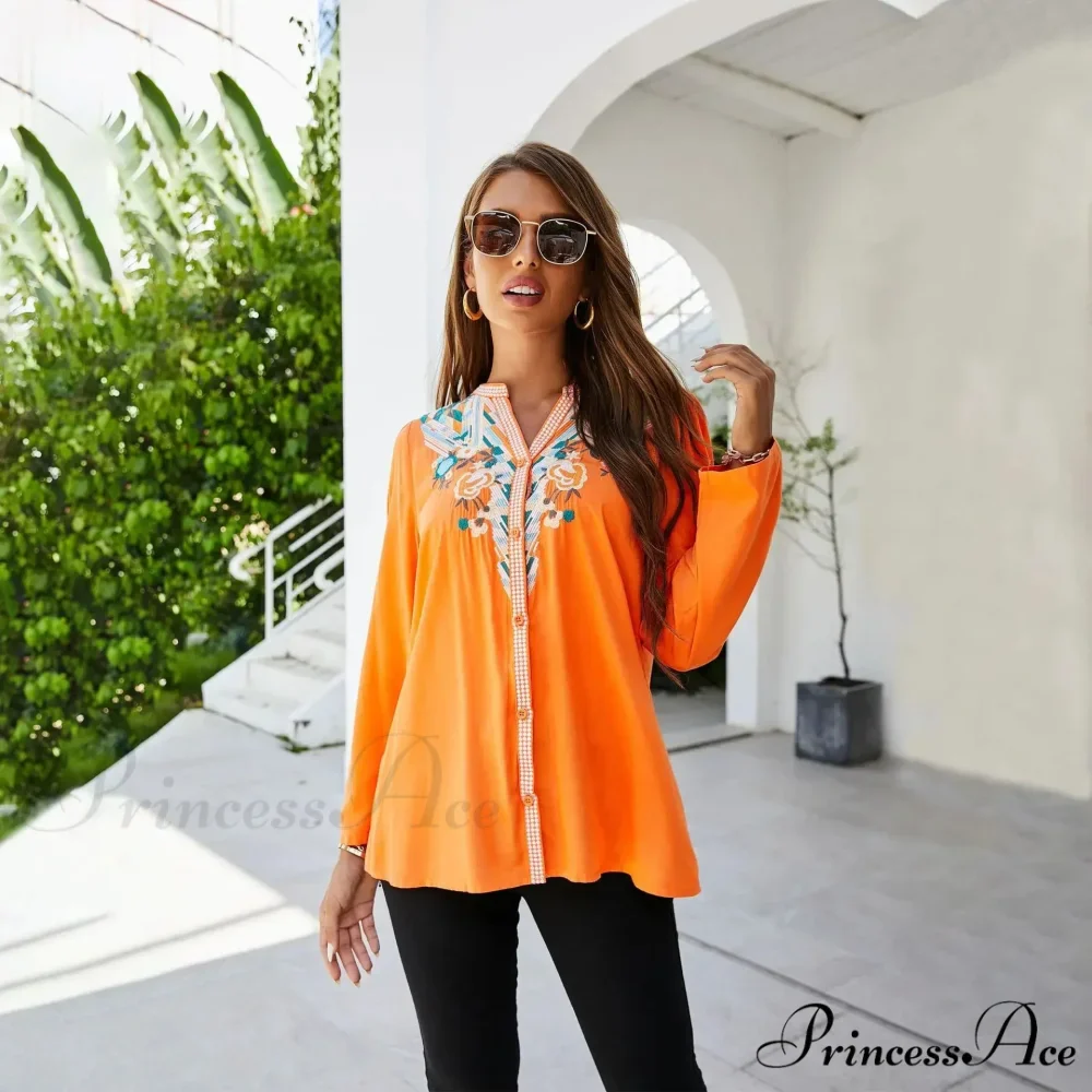 Informal Flower Stitching Large Cotton Long Sleeve Bohemian Top - Image 4