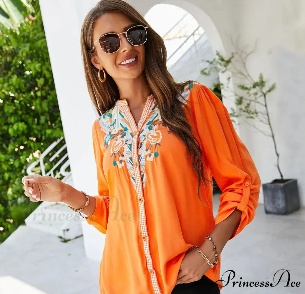 Informal Flower Stitching Large Cotton Long Sleeve Bohemian Top - Image 6
