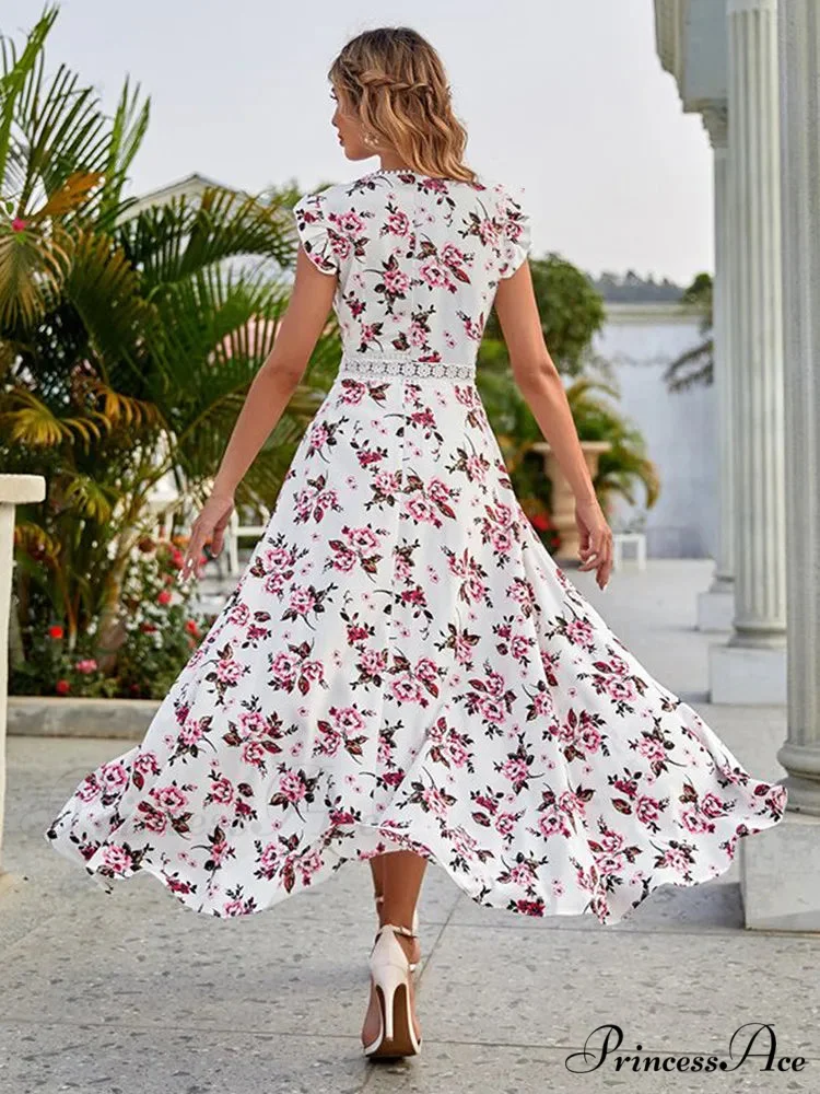 Informal Flowery Lace Neckline Uneven Waist Dress - Image 2