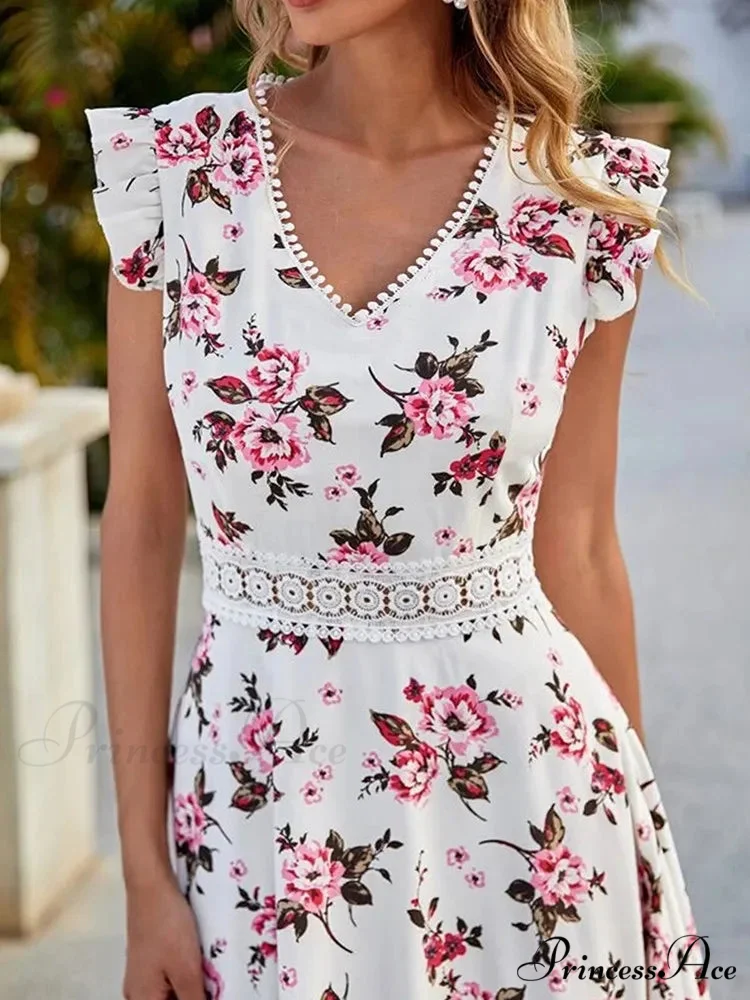 Informal Flowery Lace Neckline Uneven Waist Dress - Image 3