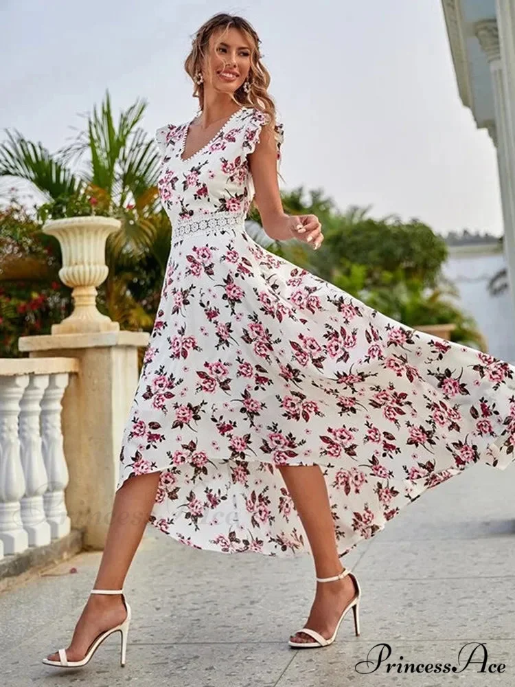 Informal Flowery Lace Neckline Uneven Waist Dress - Image 4