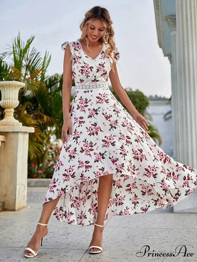 Informal Flowery Lace Neckline Uneven Waist Dress - Image 5