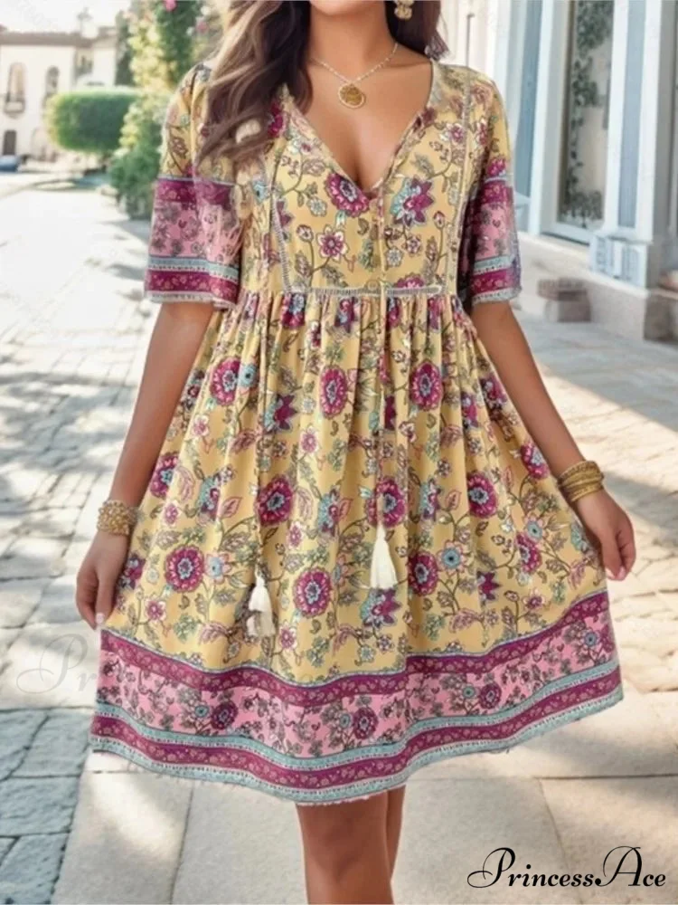 Informal Holiday Flower Pattern V-neck Short Sleeve Sundress - Image 2