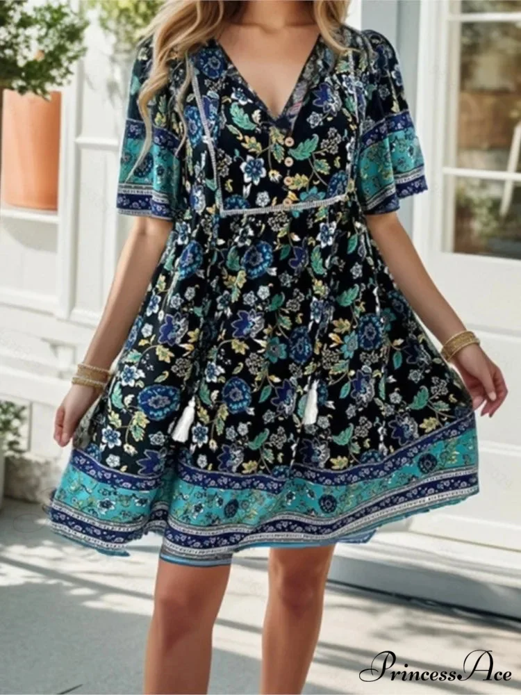Informal Holiday Flower Pattern V-neck Short Sleeve Sundress - Image 5