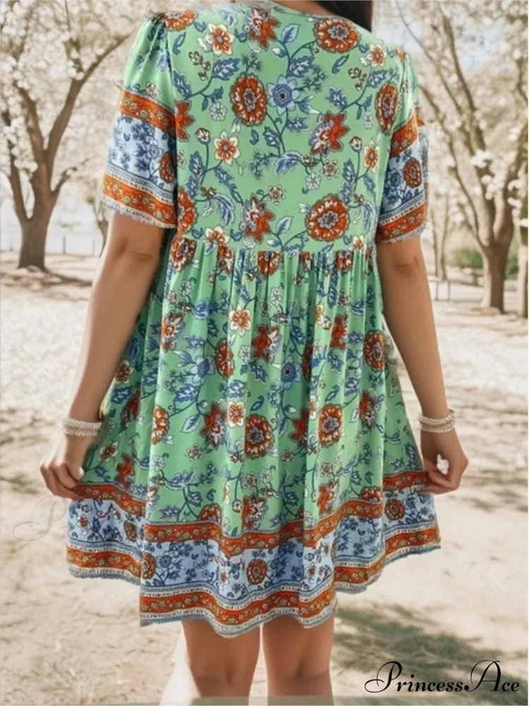 Informal Holiday Flower Pattern V-neck Short Sleeve Sundress - Image 6