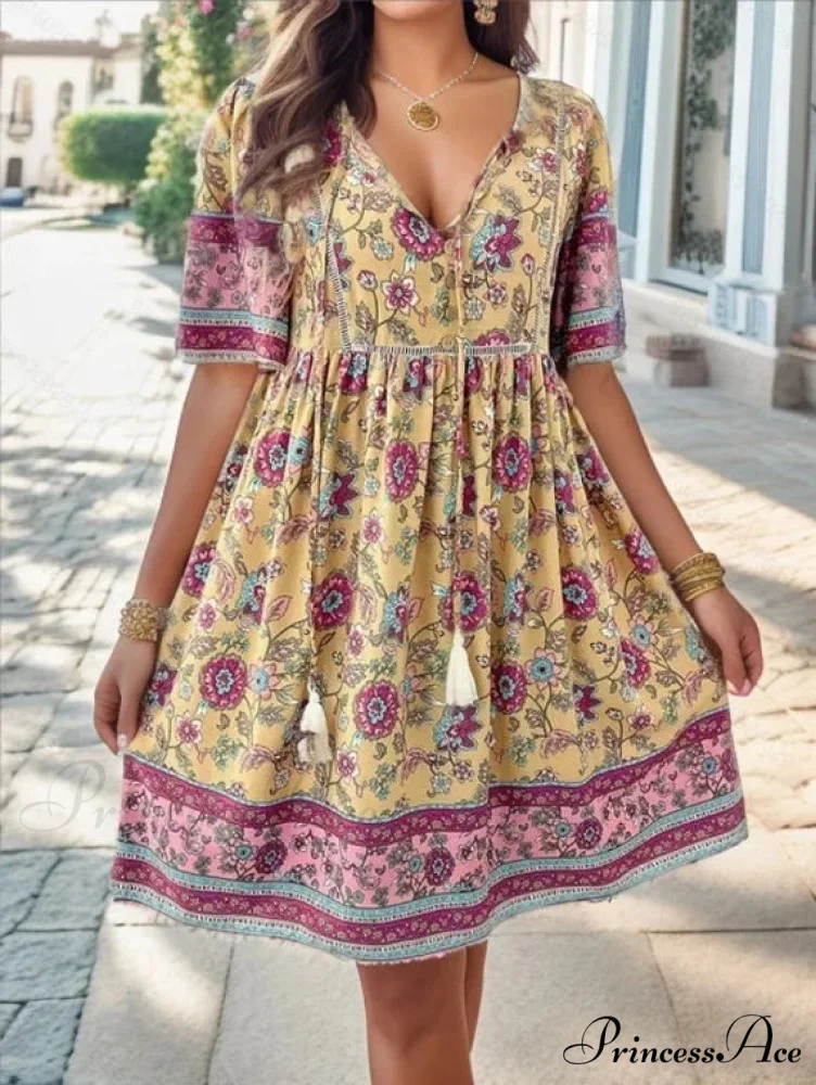 Informal Holiday Flower Pattern V-neck Short Sleeve Sundress - Image 7