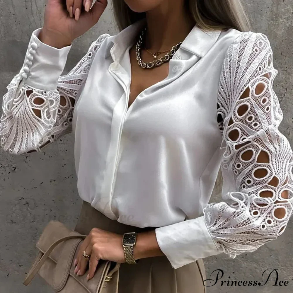 Informal Ivory Lace Hollowed-out Button Shirt - Image 2