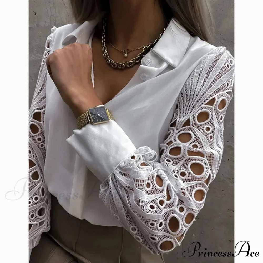 Informal Ivory Lace Hollowed-out Button Shirt - Image 3
