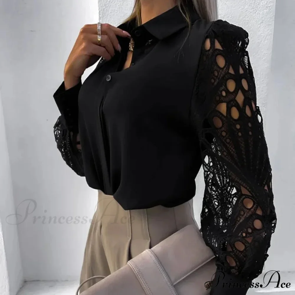 Informal Ivory Lace Hollowed-out Button Shirt - Image 6