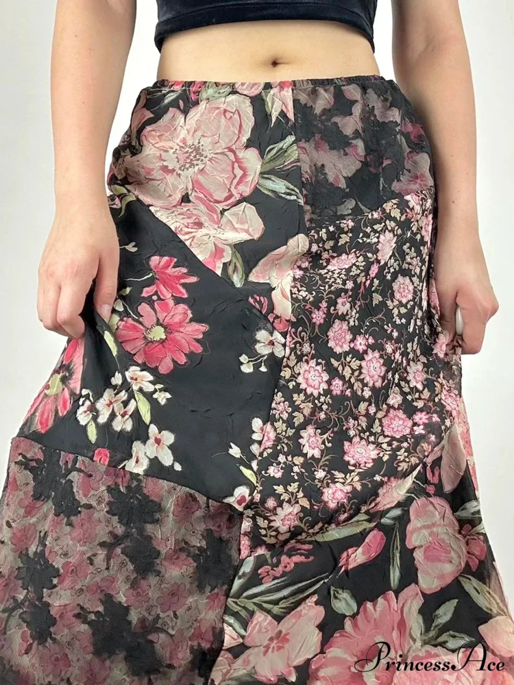Informal Patchwork Flowery Straight Trim Mid-Rise Maxi Skirt Urban Wear - Image 3