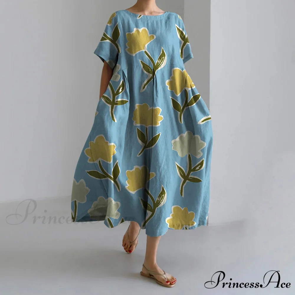 Informal Round Neck Flower Pattern Baggy Long Summer Dress - Image 4