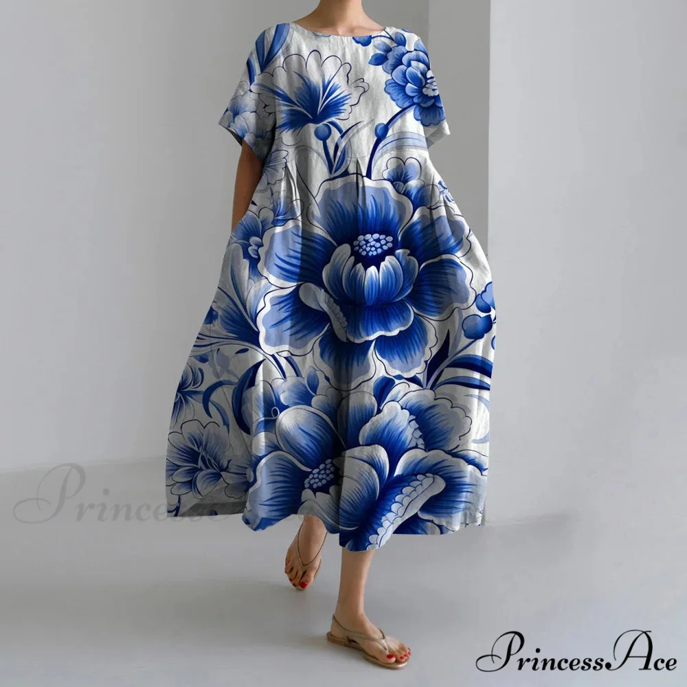 Informal Round Neck Flower Pattern Baggy Long Summer Dress - Image 5