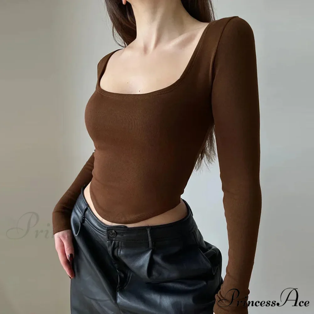 Informal U-neck Seductive Crop Brief Long Sleeve Knit Top - Image 4