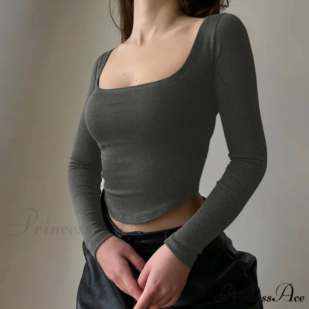 Informal U-neck Seductive Crop Brief Long Sleeve Knit Top - Image 5