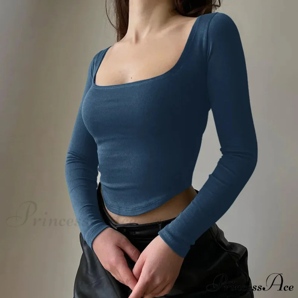 Informal U-neck Seductive Crop Brief Long Sleeve Knit Top - Image 7