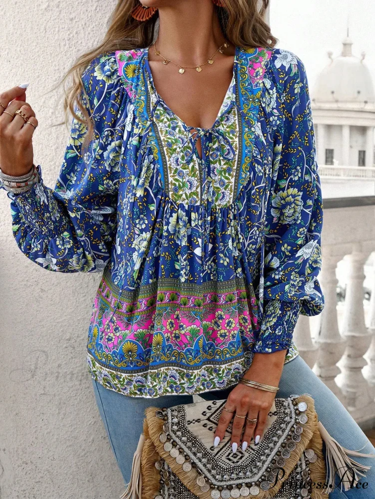 Informal V-Neck Flower Pattern Extended Sleeve Boho Top - Image 2