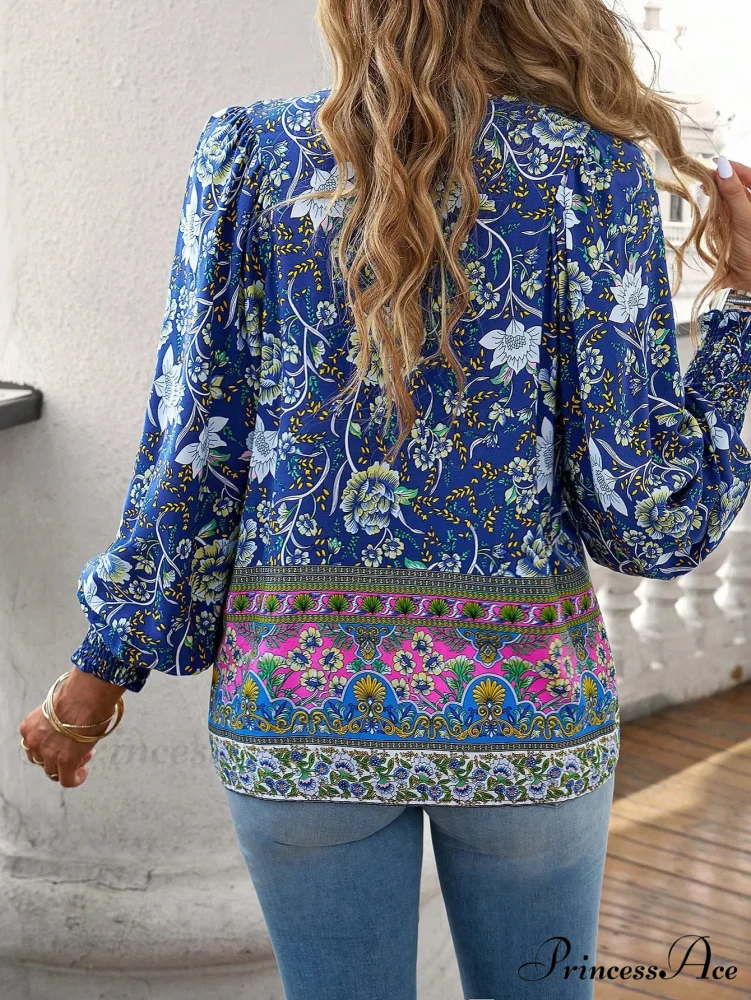 Informal V-Neck Flower Pattern Extended Sleeve Boho Top - Image 3