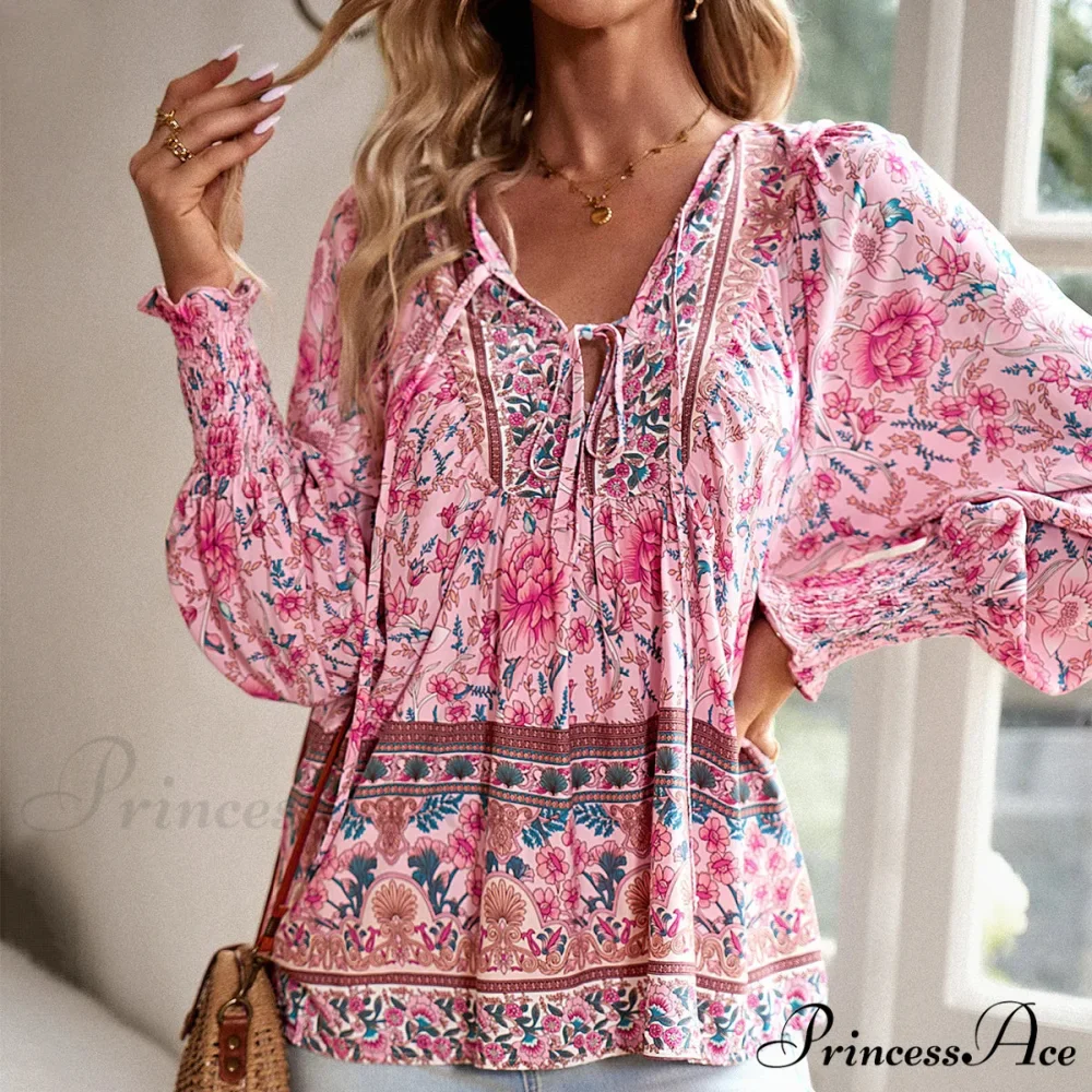 Informal V-Neck Flower Pattern Extended Sleeve Boho Top - Image 4