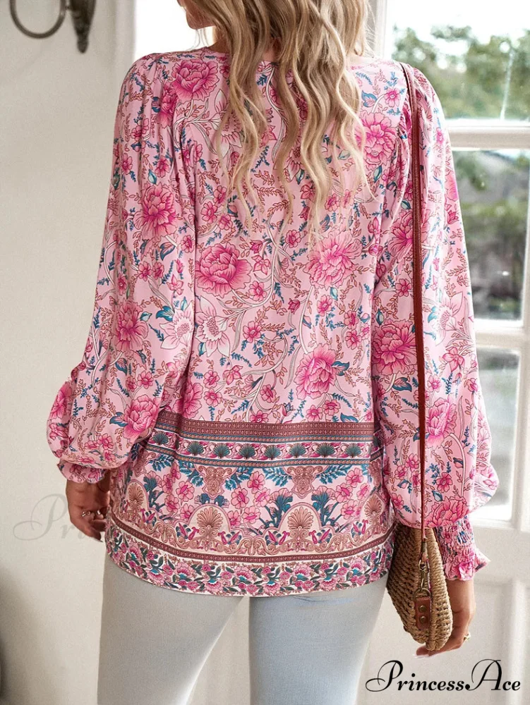 Informal V-Neck Flower Pattern Extended Sleeve Boho Top - Image 5