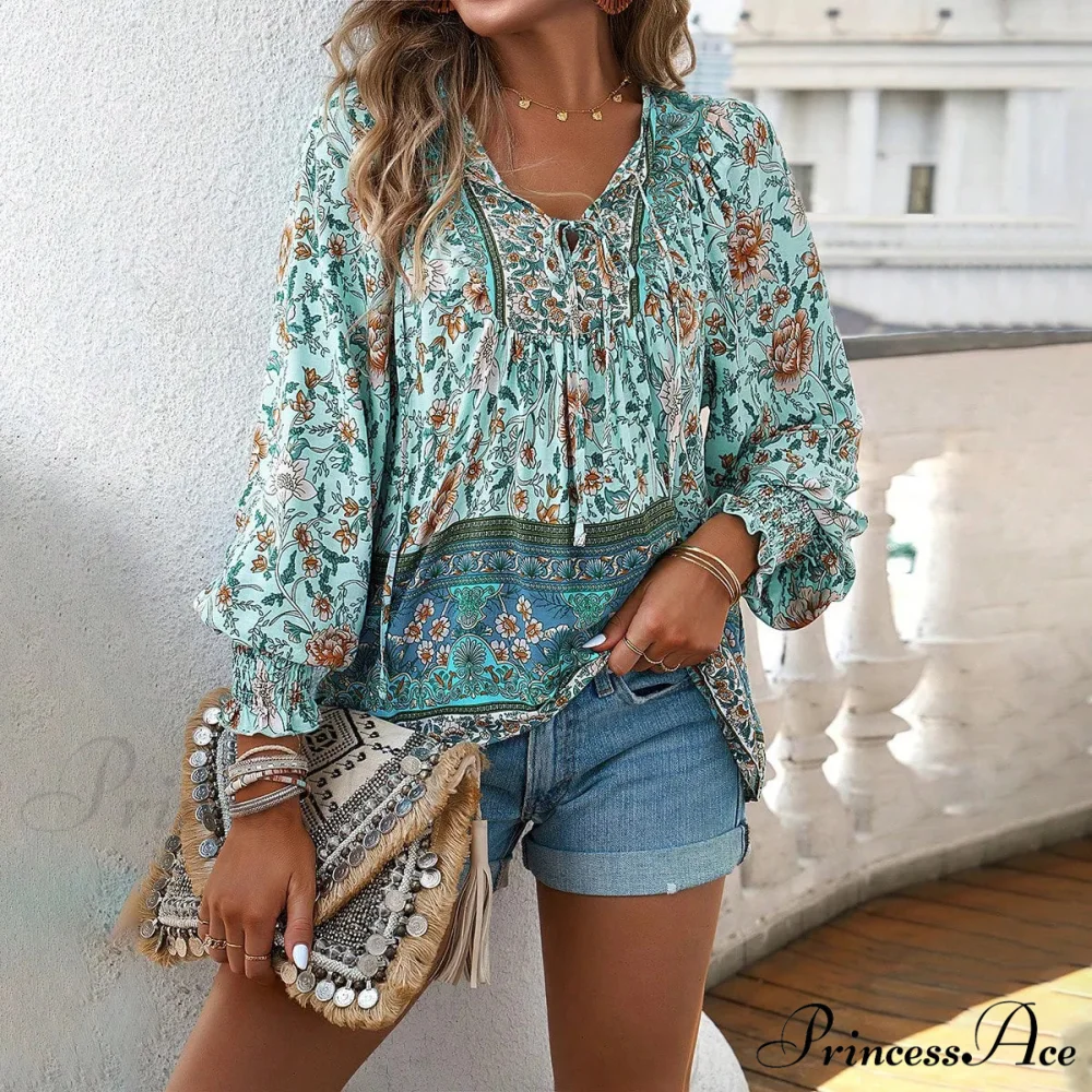 Informal V-Neck Flower Pattern Extended Sleeve Boho Top - Image 6