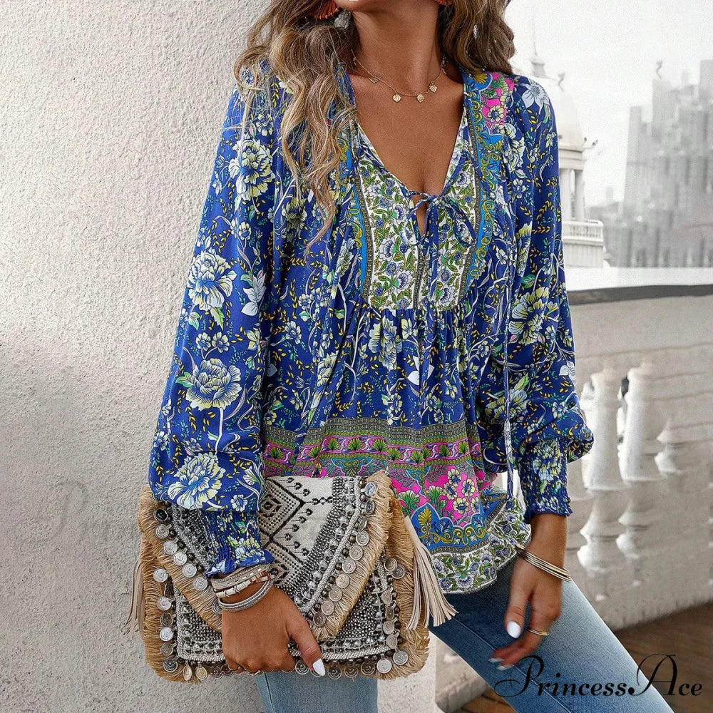 Informal V-Neck Flower Pattern Extended Sleeve Boho Top - Image 7