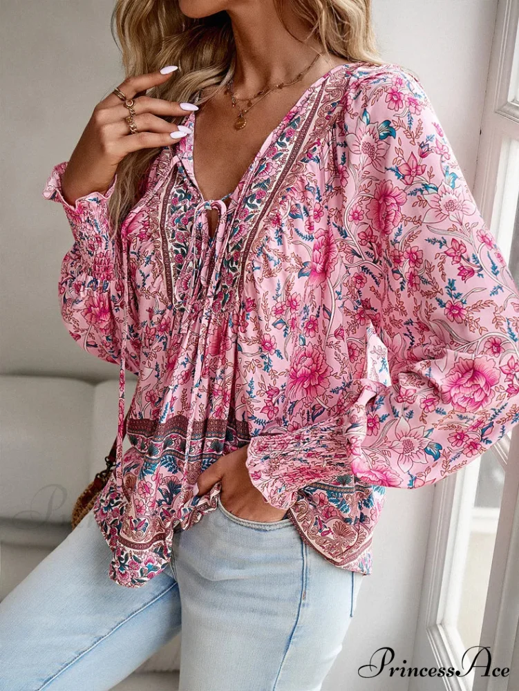 Informal V-Neck Flower Pattern Extended Sleeve Boho Top - Image 8