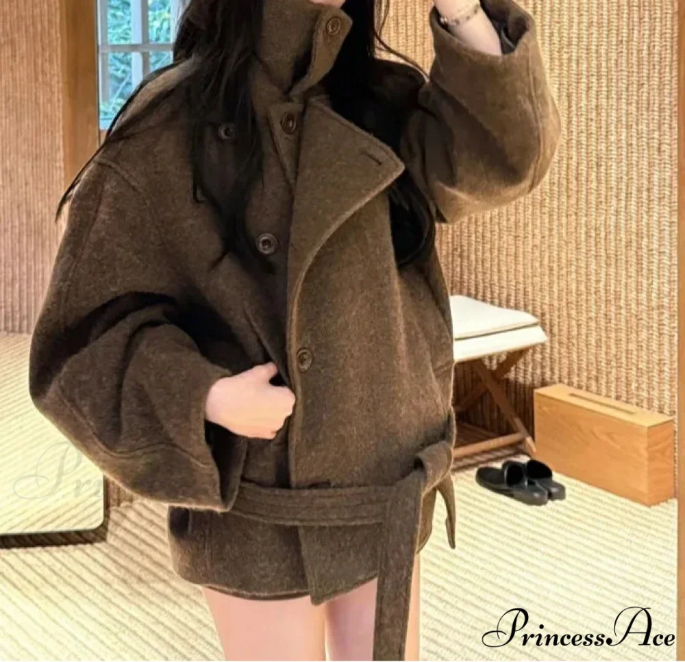 Informal Wool Tie-Up High Neck Overcoat - Image 2