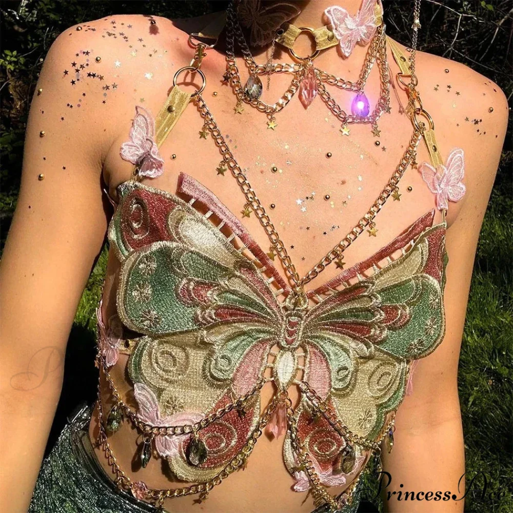 Insect Stitched Gem Chain Backless Crop Top - Image 2