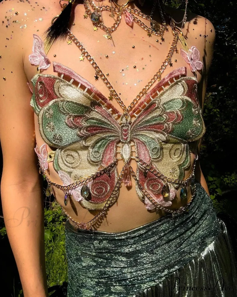 Insect Stitched Gem Chain Backless Crop Top - Image 3