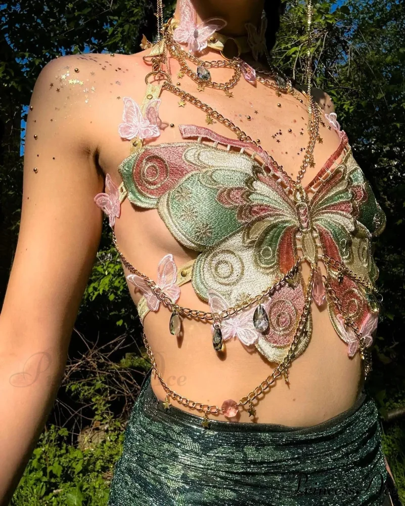 Insect Stitched Gem Chain Backless Crop Top - Image 4