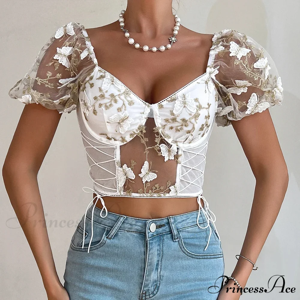 Insect Stitched Mesh Puff Sleeve Lace-up Corset Top - Image 11
