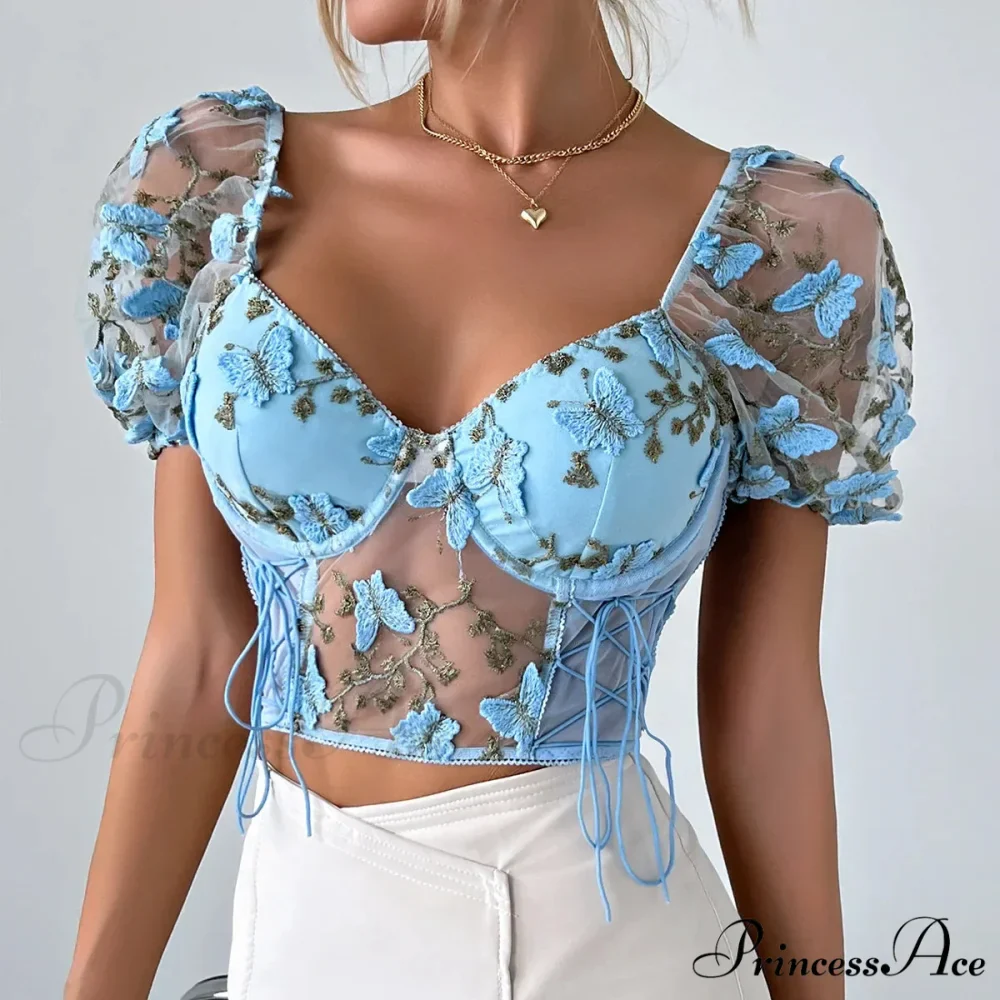 Insect Stitched Mesh Puff Sleeve Lace-up Corset Top - Image 12