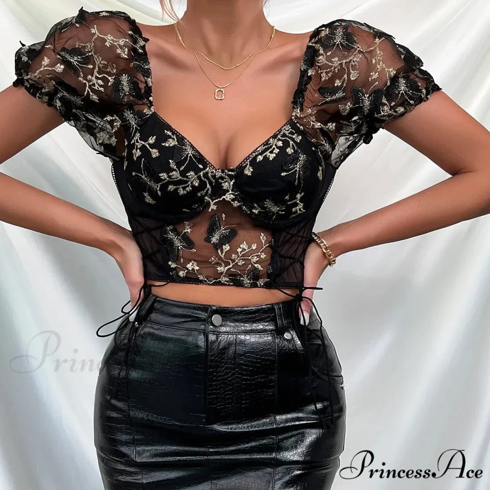 Insect Stitched Mesh Puff Sleeve Lace-up Corset Top - Image 15