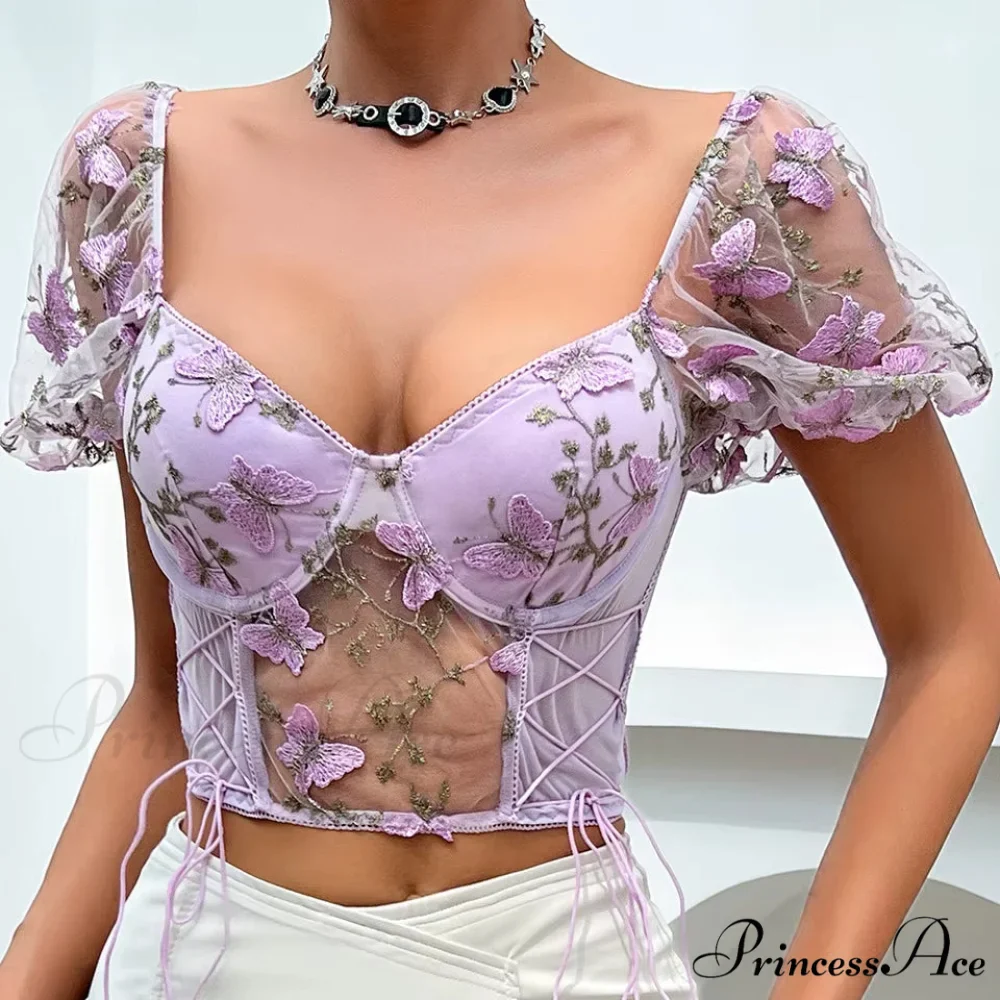 Insect Stitched Mesh Puff Sleeve Lace-up Corset Top - Image 2