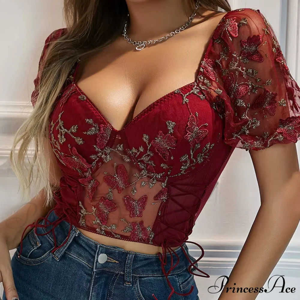 Insect Stitched Mesh Puff Sleeve Lace-up Corset Top - Image 5
