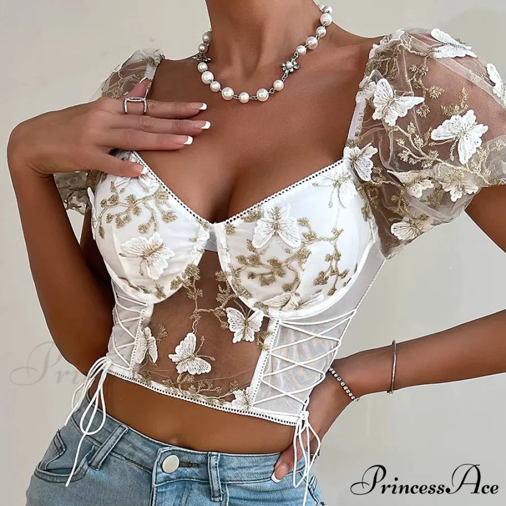 Insect Stitched Mesh Puff Sleeve Lace-up Corset Top - Image 6